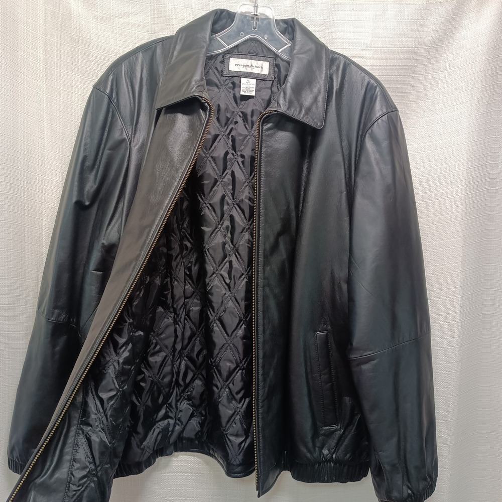 Vtg Preston & York Men's XL Black Quilt Lined Leather Full Zip‎ Bomber Jacket